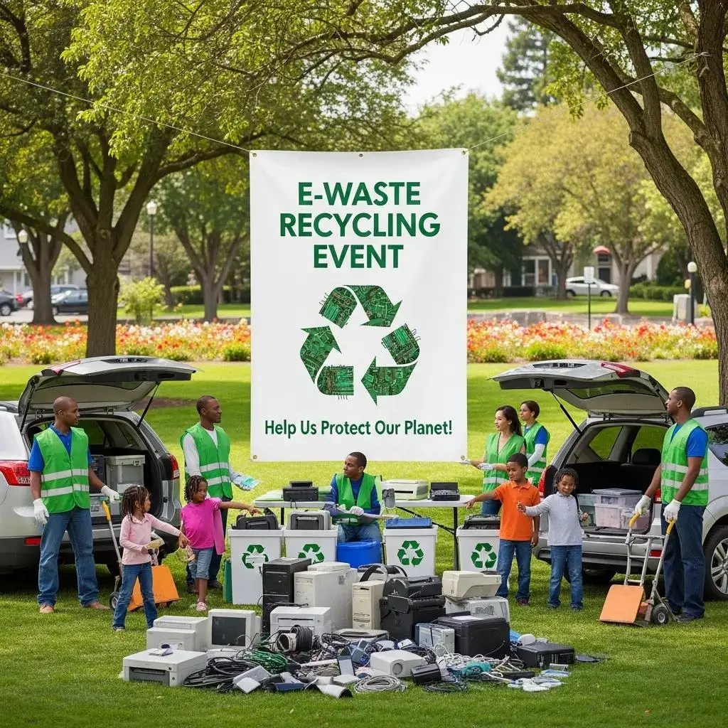 Community members participating in an e-waste collection event at a neighborhood park with volunteers assisting