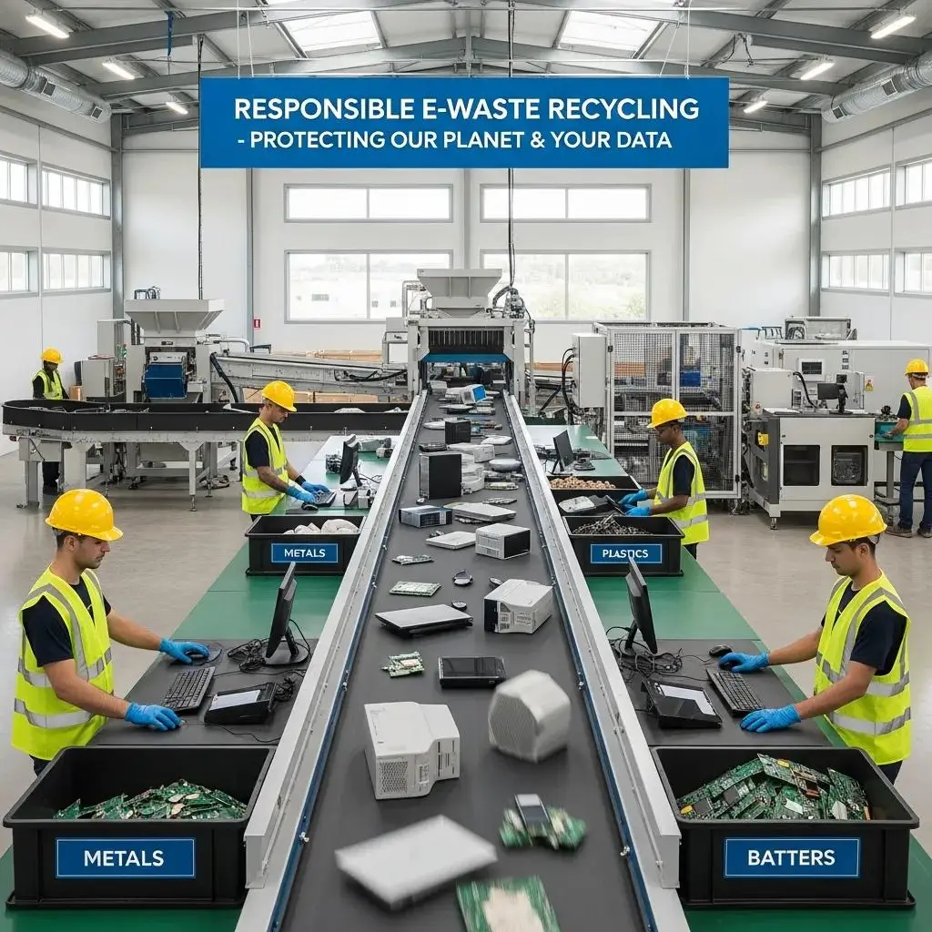 Recycling facility with workers processing electronic devices, emphasizing waste computer recycling and environmental responsibility