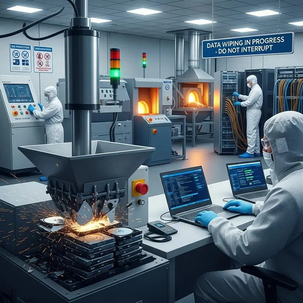 Technician performing data destruction on hard drives, highlighting technologies used for certified data destruction