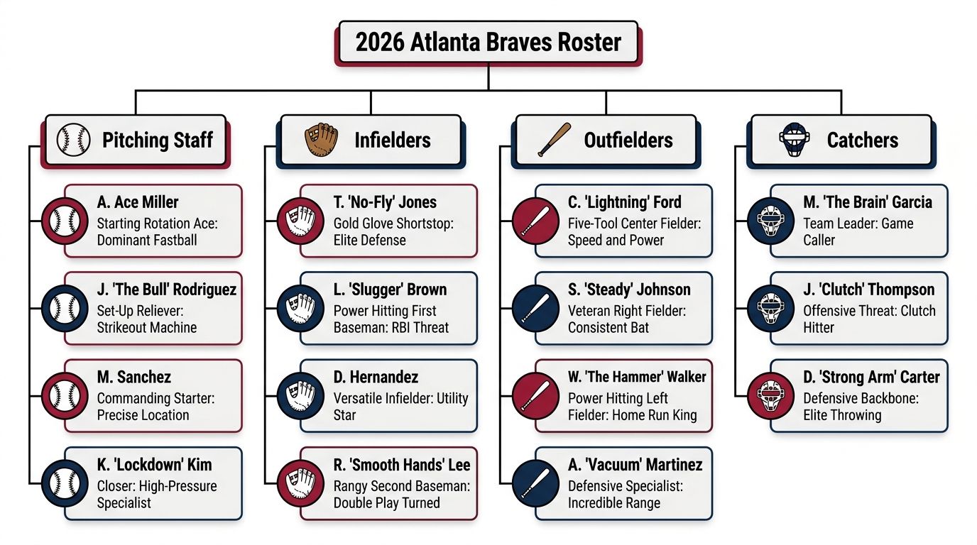 An organizational chart showing the 2026 Atlanta Braves roster categorized by pitchers, infielders, outfielders, and catchers.