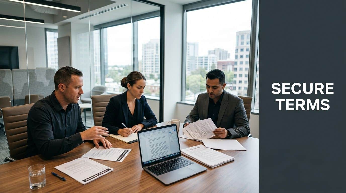 A diverse group of professionals reviewing documents and using a laptop during a business meeting in an office.