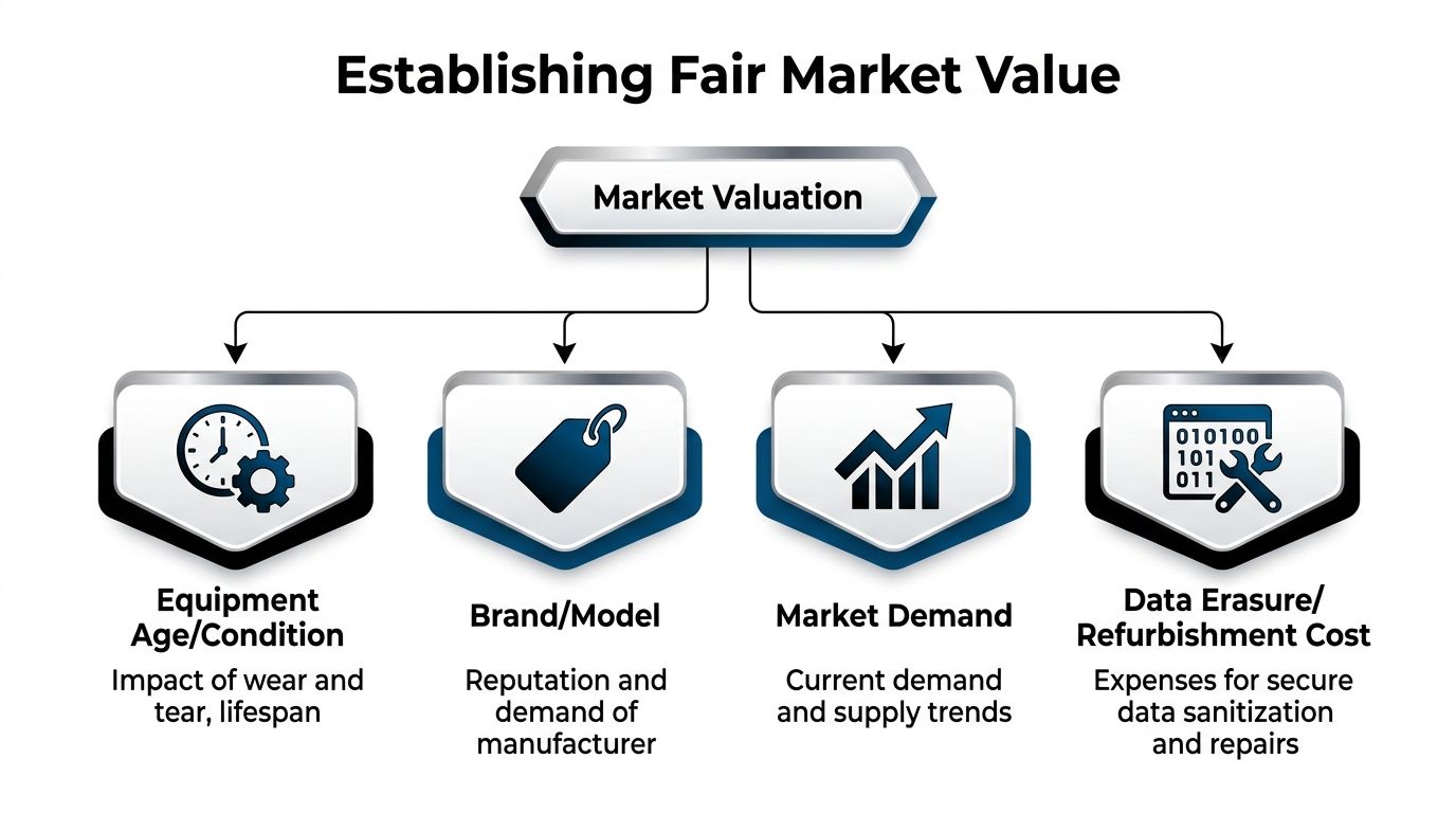 A flowchart diagram illustrating the four key factors for establishing fair market value of equipment.