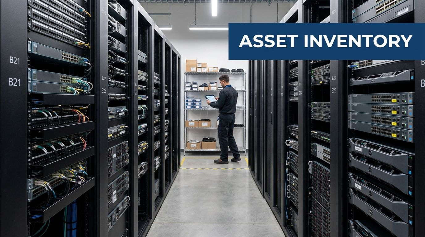 A technician using a tablet to conduct an asset inventory inside a modern, organized server room data center.