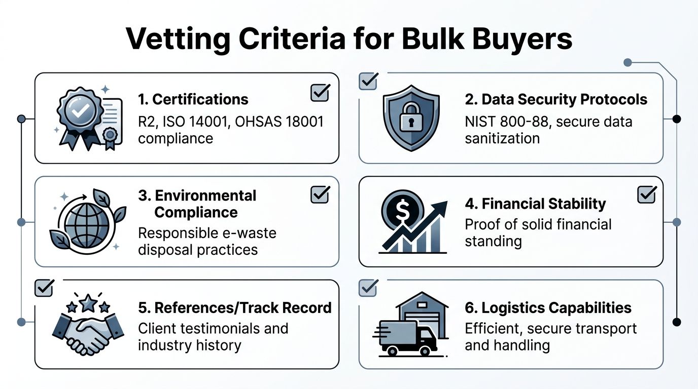 A professional infographic outlining six essential vetting criteria for choosing reliable bulk telecom equipment buyers and partners.