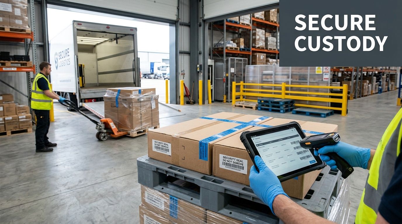 A warehouse worker scans shipping labels on packages while another worker maneuvers a pallet to a truck.