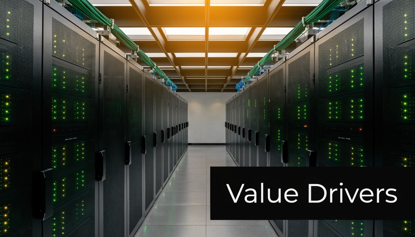 A modern data center aisle featuring rows of server racks with illuminated green status lights and networking cables.