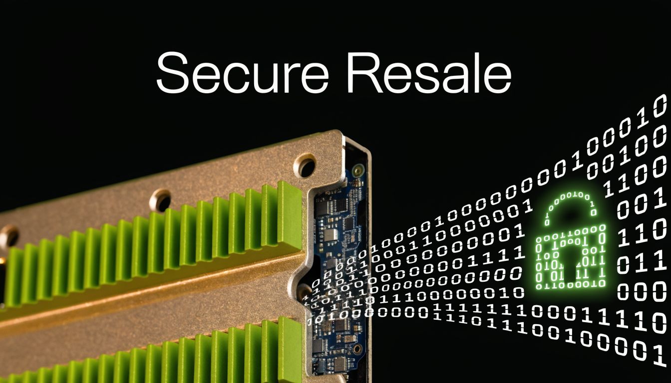 A secure data storage device with a digital padlock icon and streaming binary code data, symbolizing secure resale.
