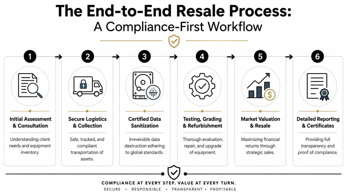A six-step infographic illustrating a compliant business process for the professional resale of used telecom equipment.