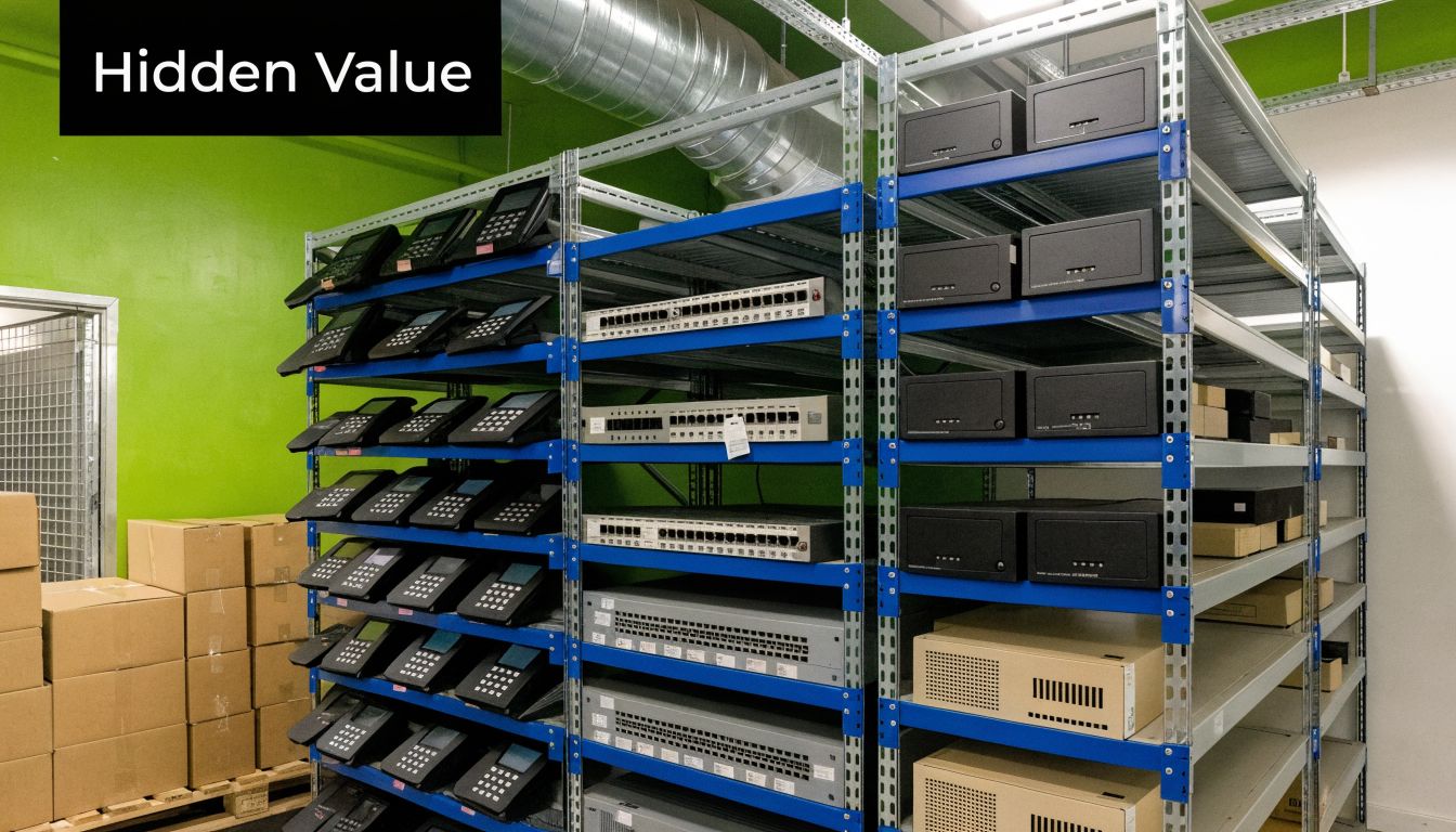Shelves stocked with various business telecom devices including network switches, security safes, and desk phones.