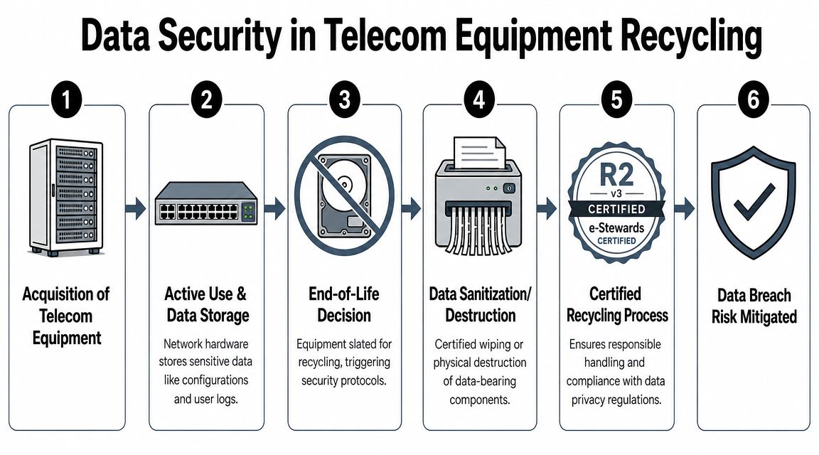 A six-step infographic illustrating the data security process for recycling telecom equipment and sensitive hardware components.