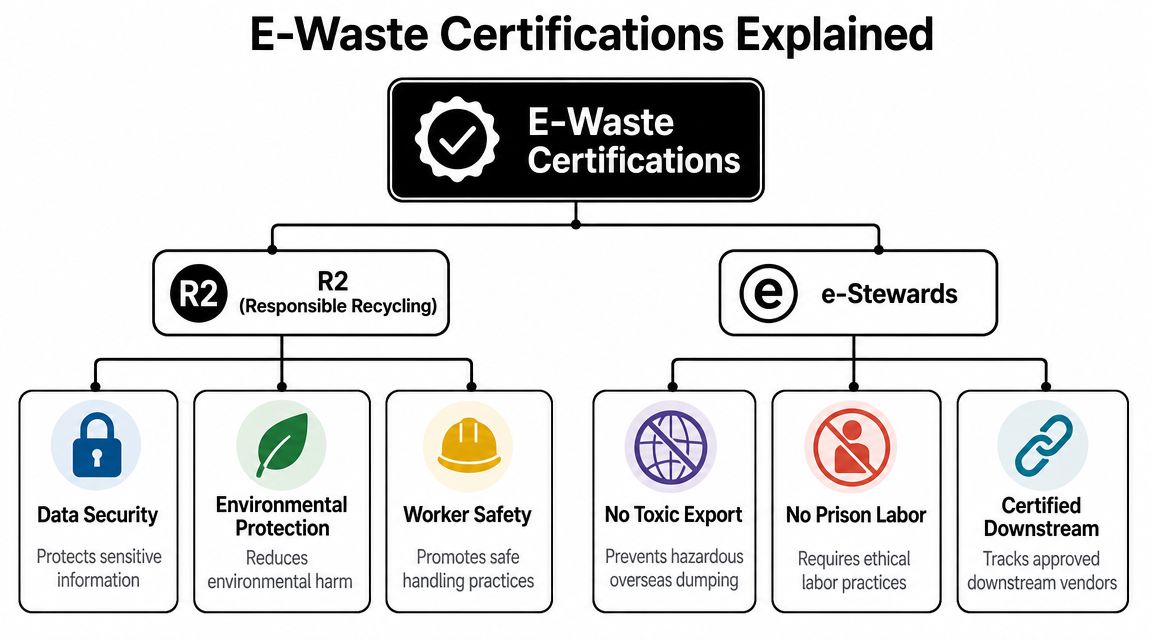 A diagram explaining R2 and e-Stewards e-waste certifications, detailing key standards for recycling and data security.