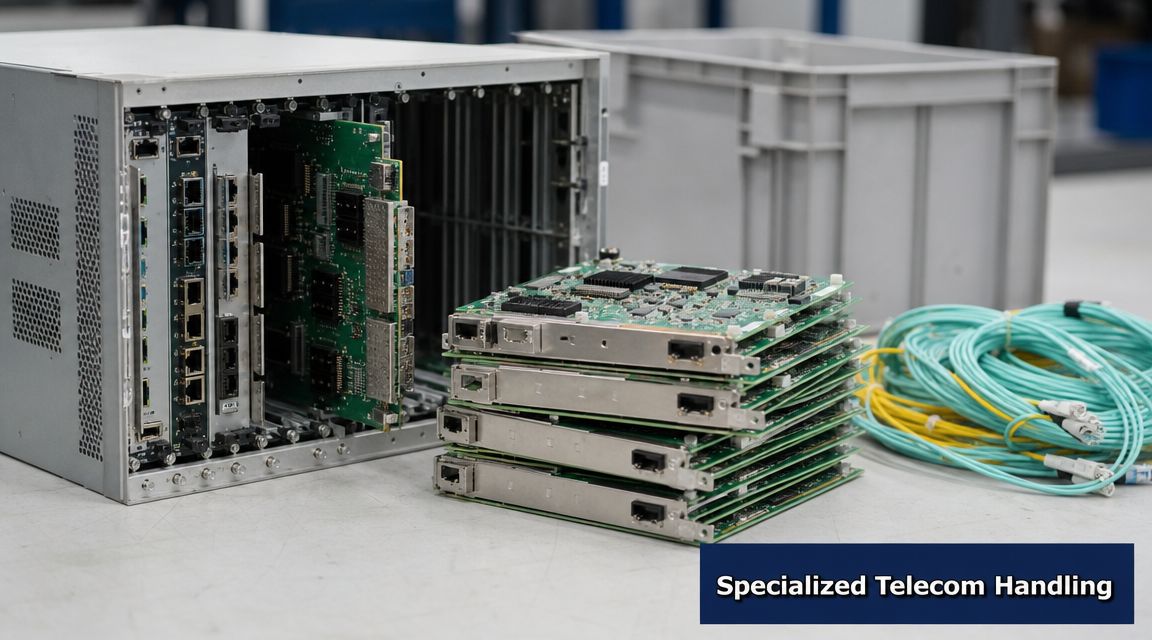 A professional setup featuring telecom network server hardware components and fiber optic cables for recycling services.