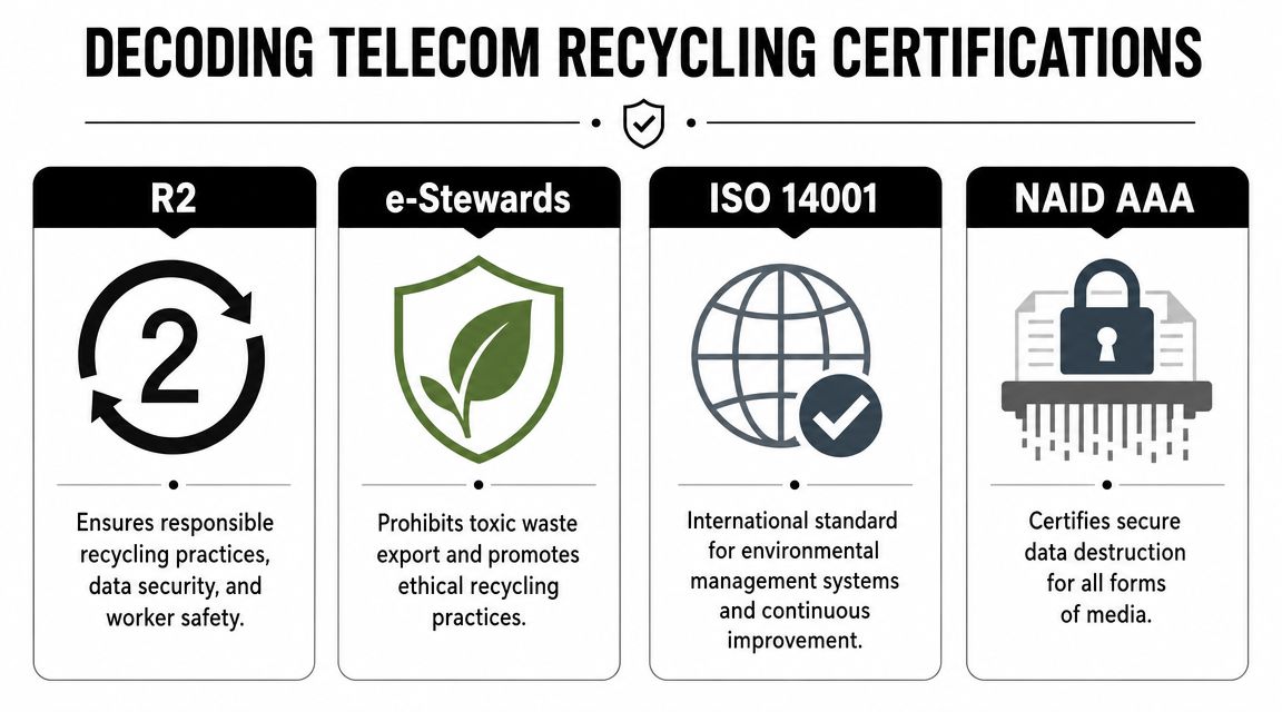 An infographic titled Decoding Telecom Recycling Certifications, detailing R2, e-Stewards, ISO 14001, and NAID AAA standards.