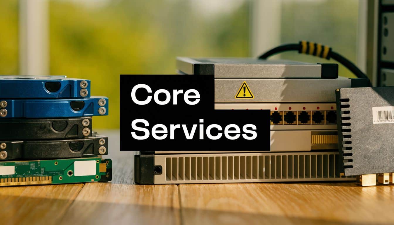 A pile of computer hardware components and server equipment on a wooden table, representing IT infrastructure management.
