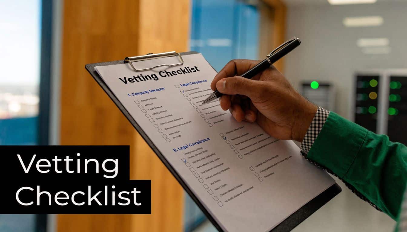 A person holding a clipboard with a vetting checklist in a professional office environment for compliance.