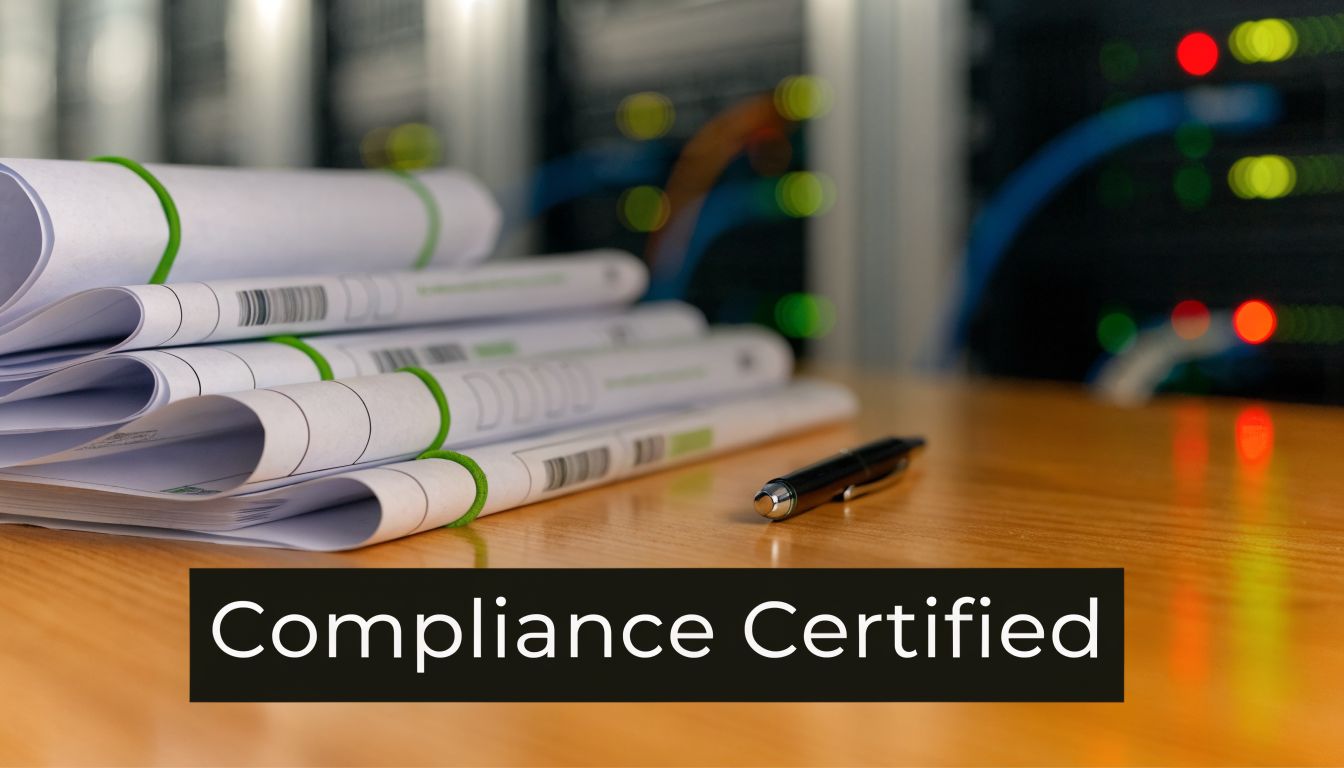A stack of compliance documents on a wooden desk with server rack equipment in the background.