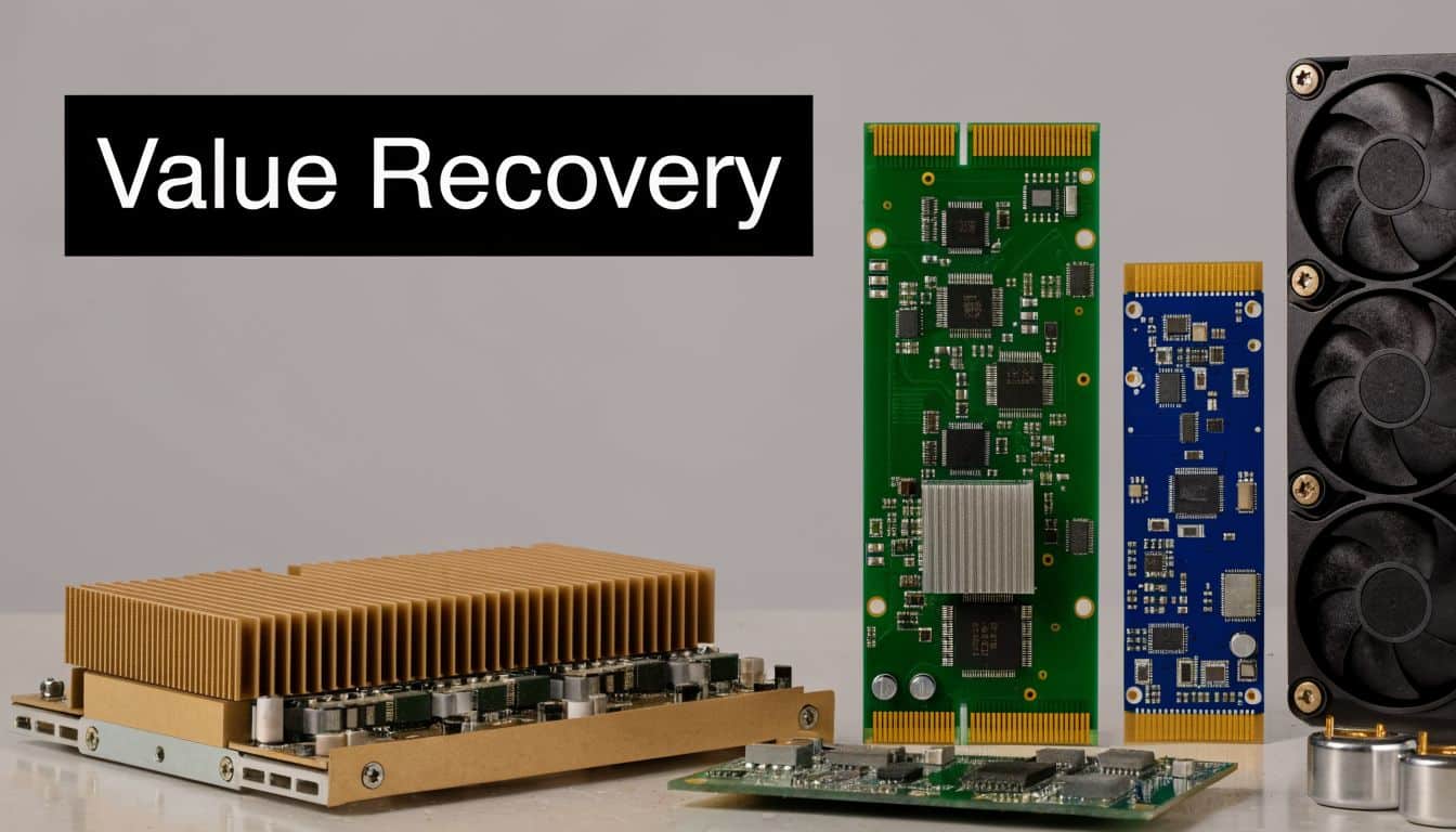 An array of various electronic components including circuit boards, cooling fans, and hardware for recycling.