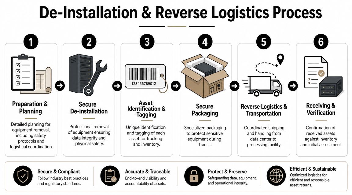 A six-step infographic detailing the professional de-installation and reverse logistics process for data center equipment.