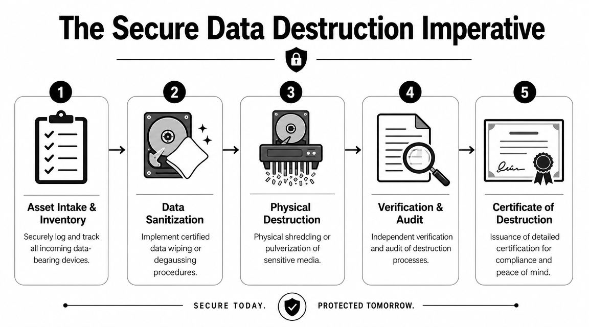 A five-step infographic showing the secure process for destroying sensitive data on digital storage devices.
