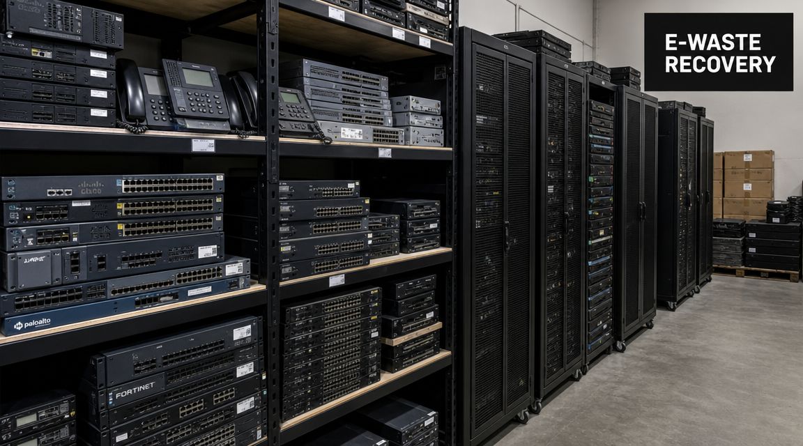 Shelves stacked with recycled network switches and server hardware in an e-waste recovery facility.