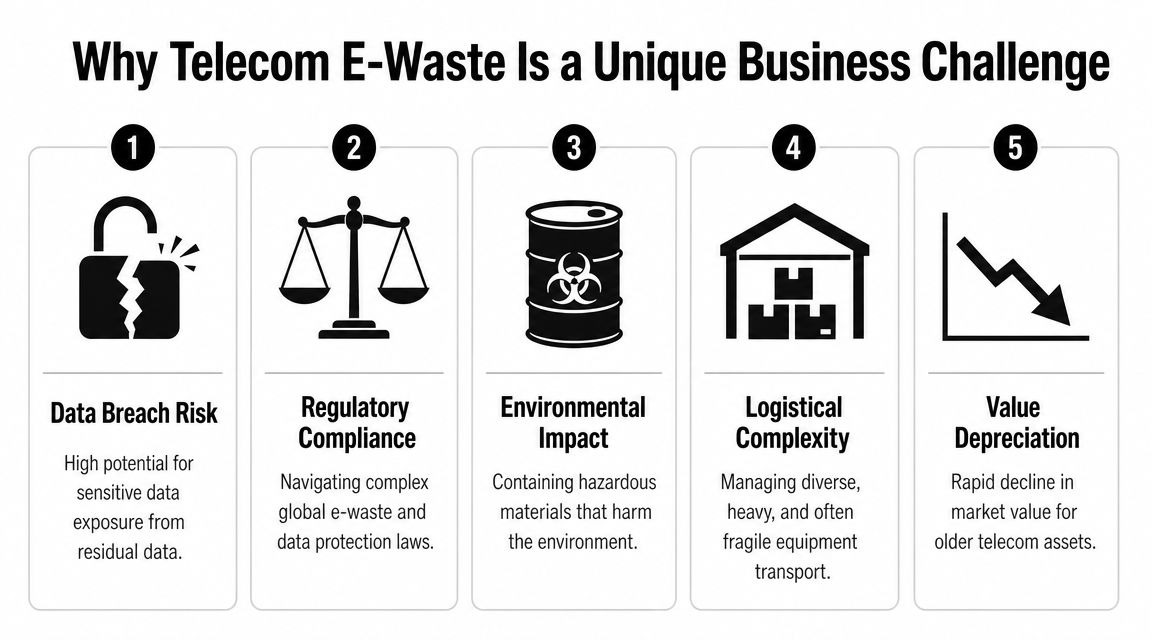 An infographic detailing five key business challenges associated with recycling and managing telecom electronic waste.