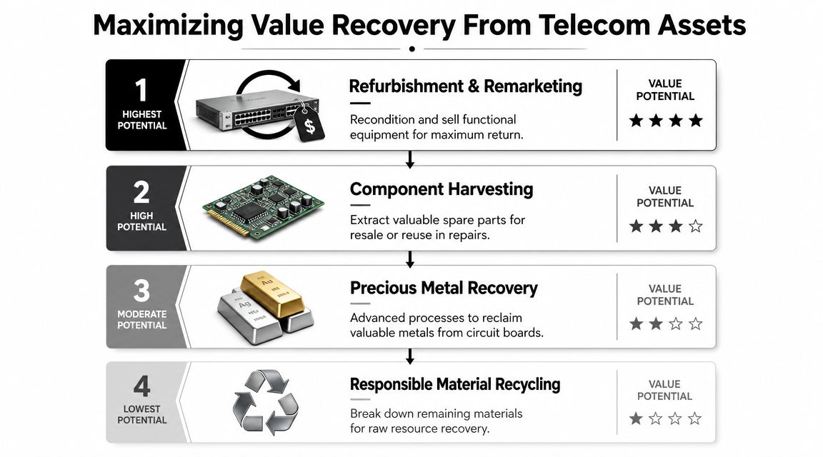 A flowchart showing four tiers for maximizing value recovery from telecom assets, starting from refurbishment to recycling.