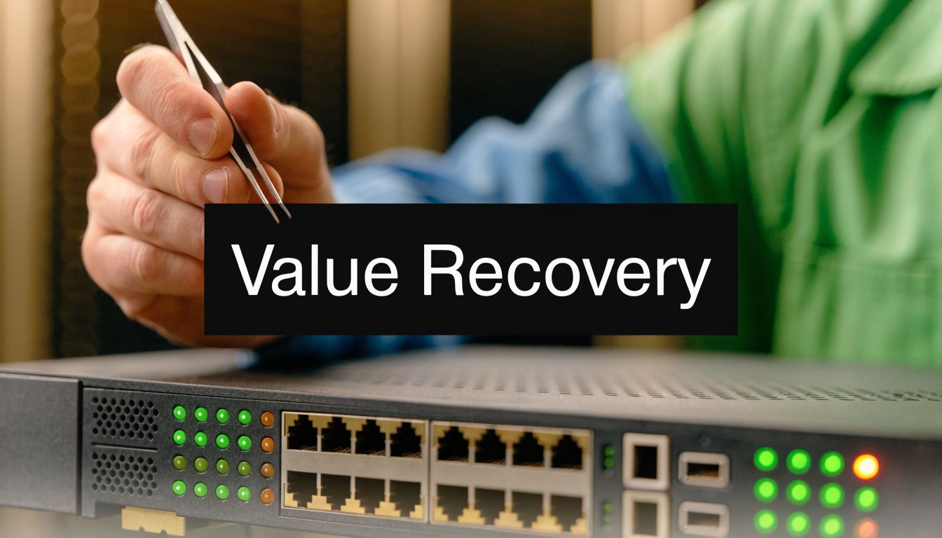 A technician using tweezers to perform maintenance or recycling on network hardware components for IT equipment recovery.