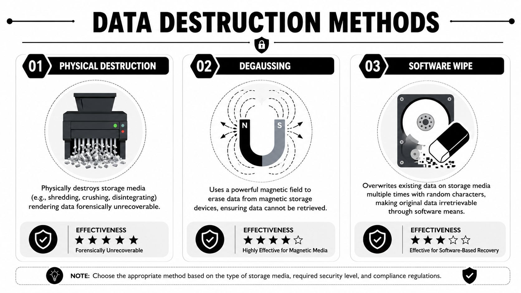 An infographic showing three methods for destroying data: physical destruction, degaussing, and software wipes.