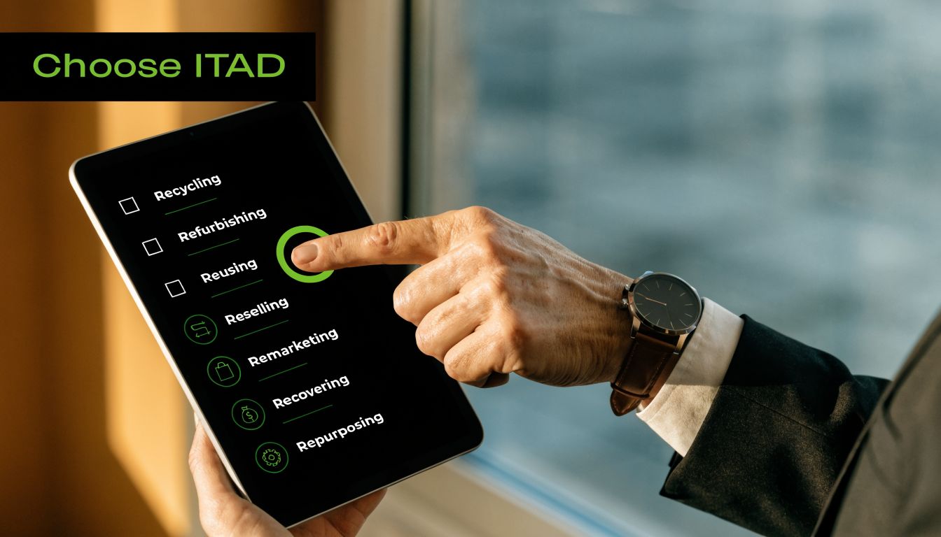 A businessman selecting a sustainable IT asset disposition service option on a tablet screen interface.