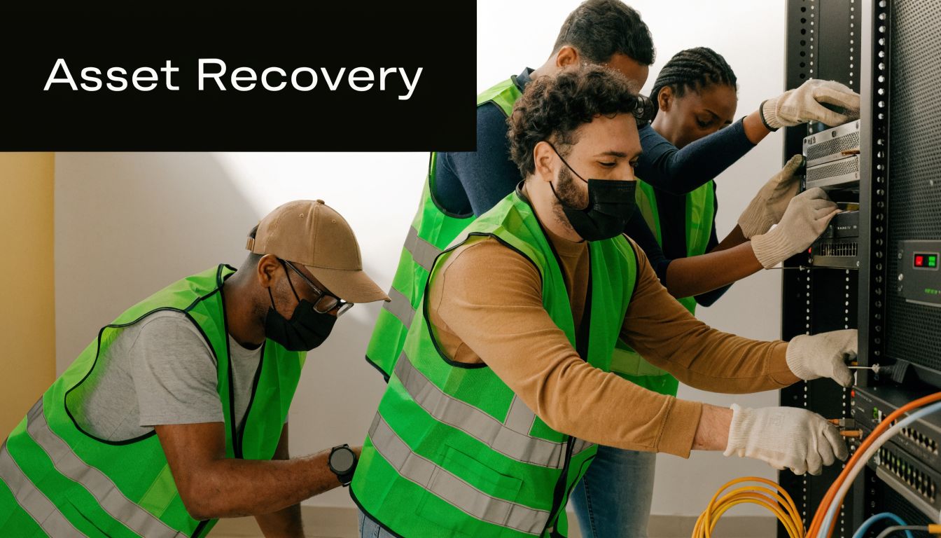 A team of technicians wearing high-visibility vests and masks removing enterprise telecom equipment from a server rack.