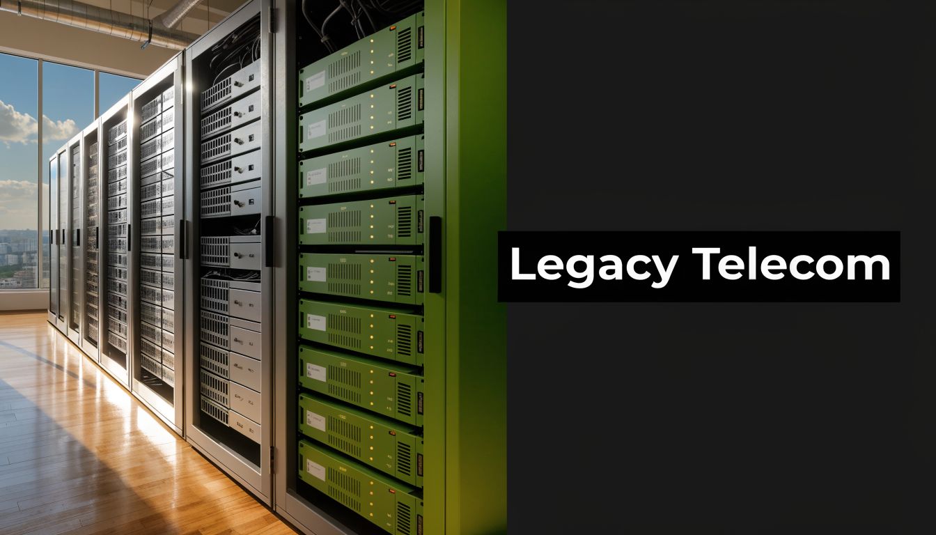 Server racks housing enterprise telecom equipment in a professional data center with natural sunlight.