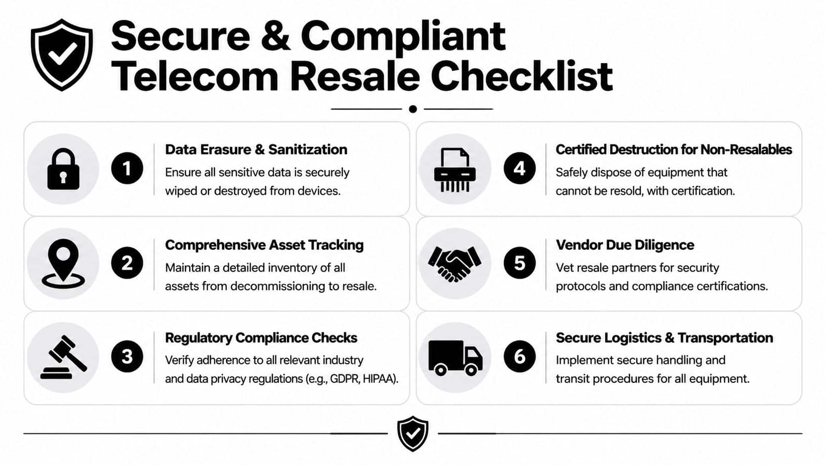 A six-point infographic checklist outlining secure and compliant processes for telecom equipment resale and disposal.