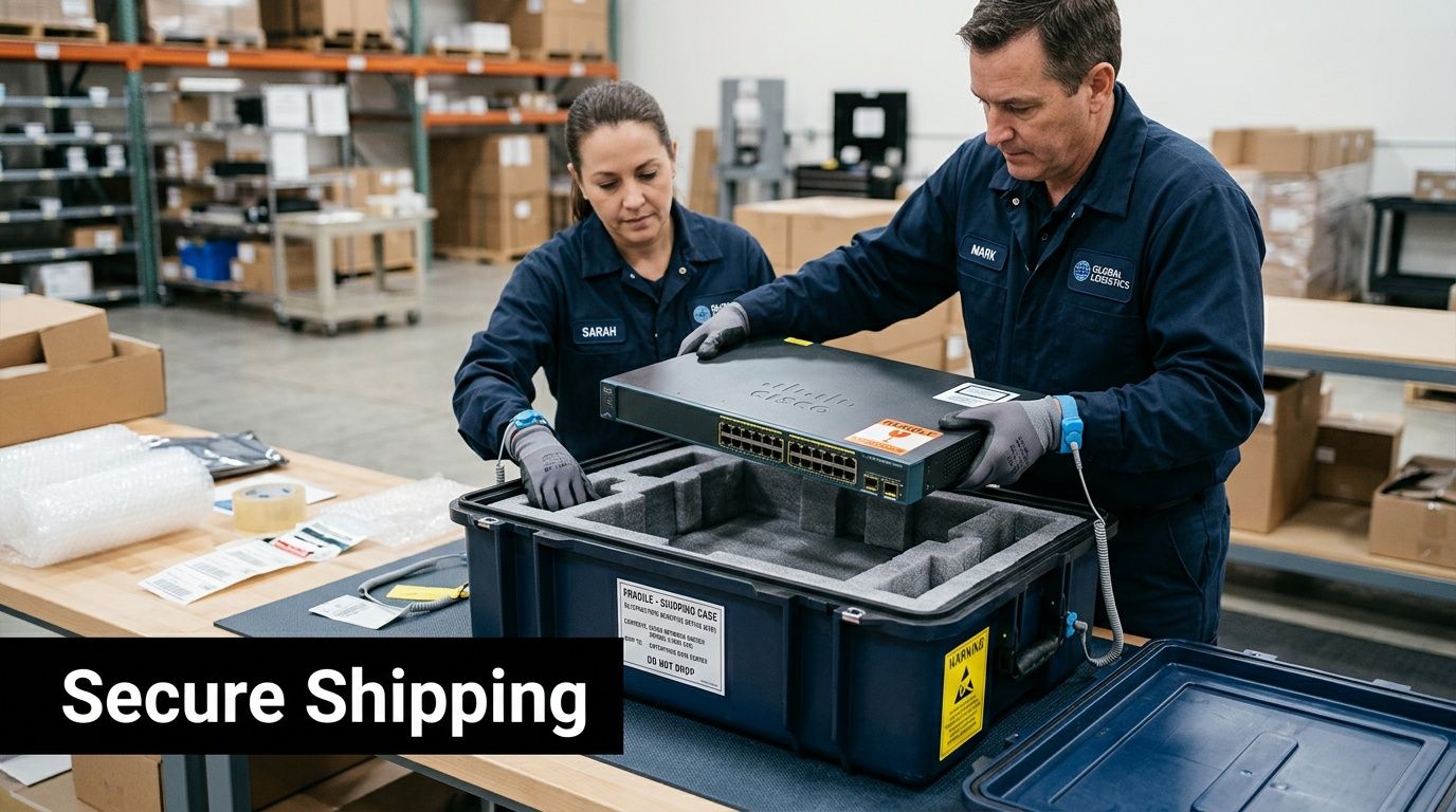 A man and a woman in blue uniforms carefully placing networking equipment into a protective shipping case.