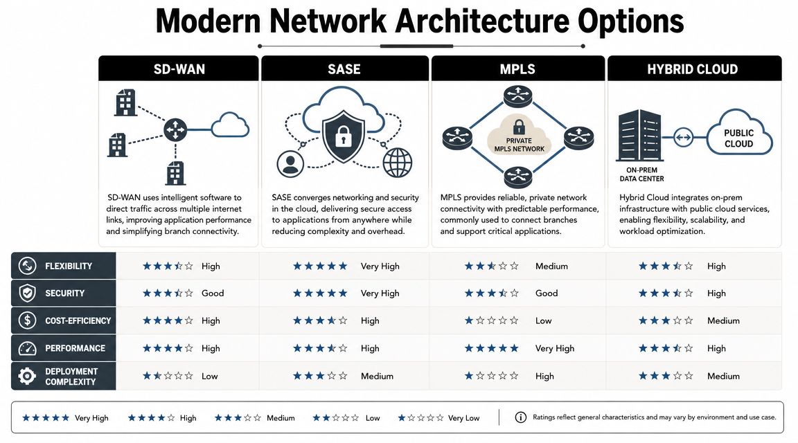A comparison chart outlining the pros and cons of SD-WAN, SASE, MPLS, and Hybrid Cloud network architectures.