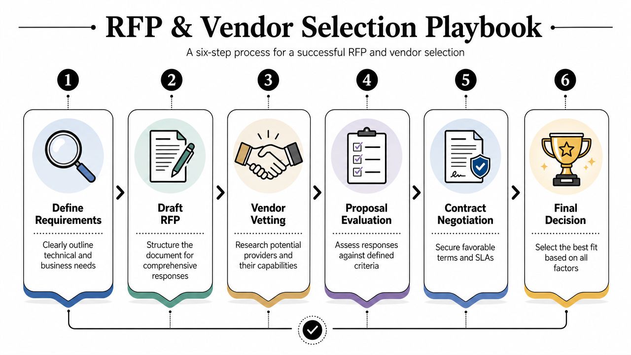 A diagram illustrating a six-step RFP and vendor selection process for successful business procurement management.