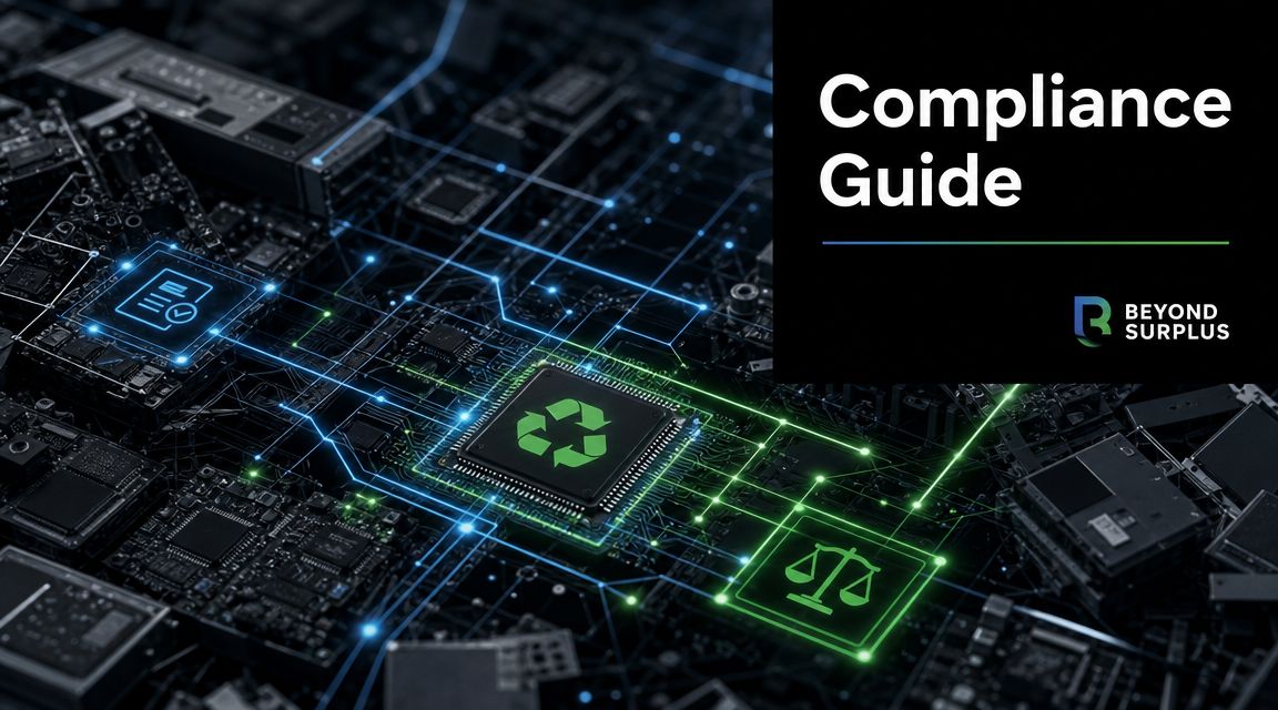 A digital graphic representing environmentally responsible telecom disposal with circuit board elements and compliance icons.