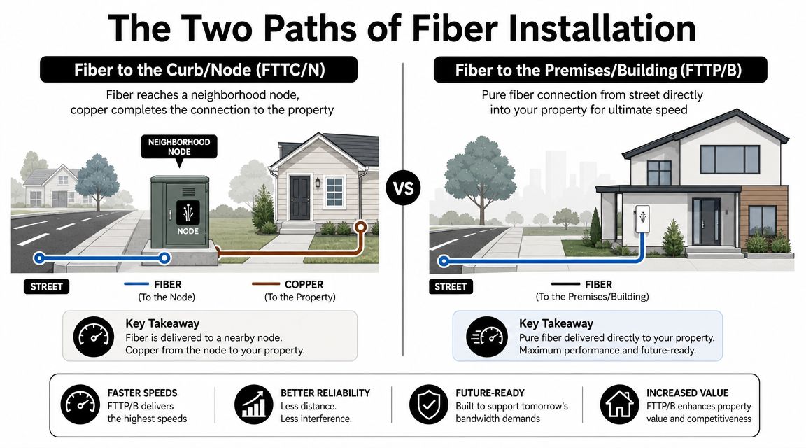 An infographic showing the differences between Fiber to the Curb and Fiber to the Premises installation methods.