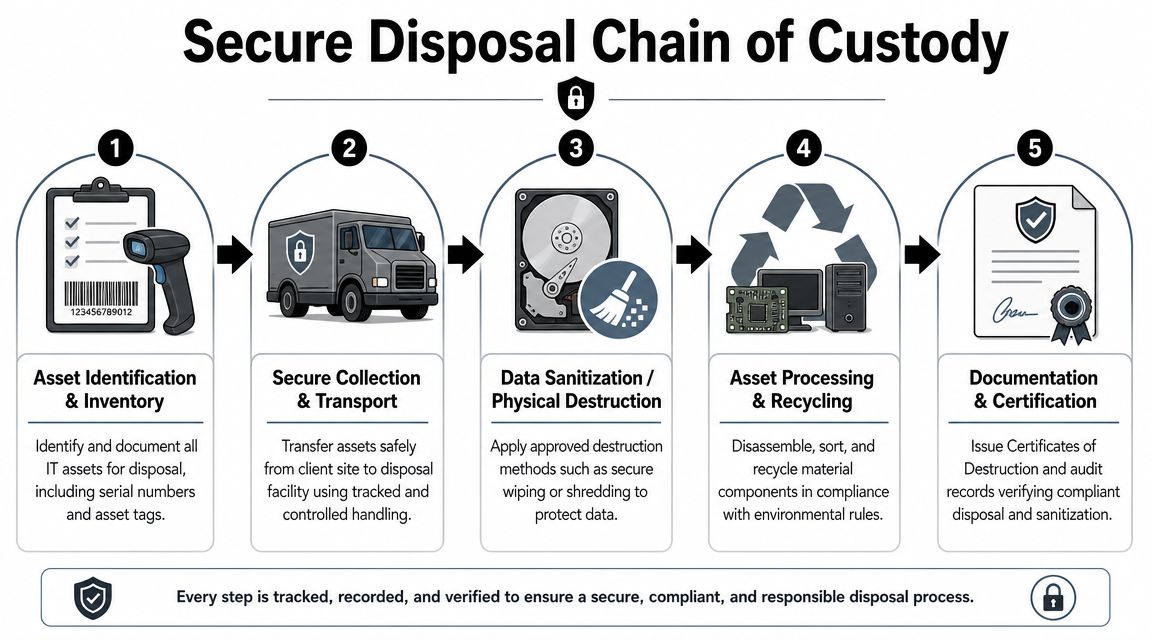 A five-step infographic showing the secure chain of custody process for responsible IT asset disposal.