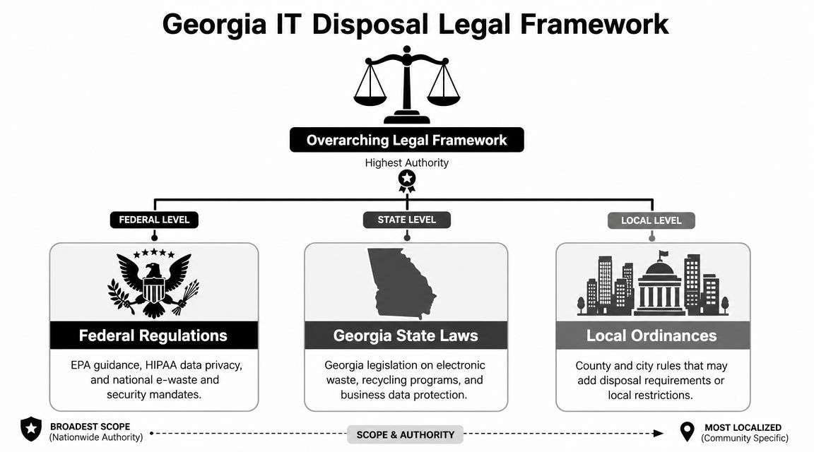 A diagram illustrating the hierarchy of IT disposal laws from federal to Georgia state and local levels.