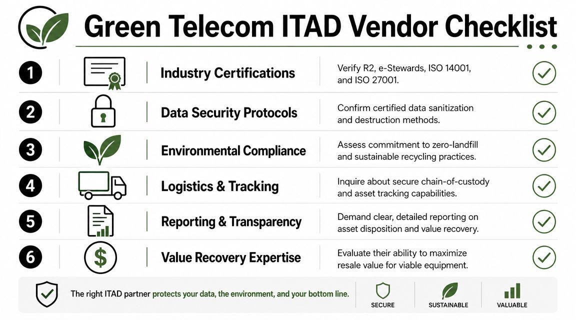 A checklist for selecting a Green Telecom ITAD vendor with six key steps for sustainable asset management.