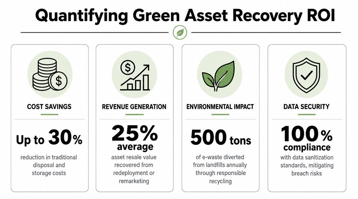 An infographic showing the return on investment metrics for green asset recovery including cost, revenue, environment, and security.