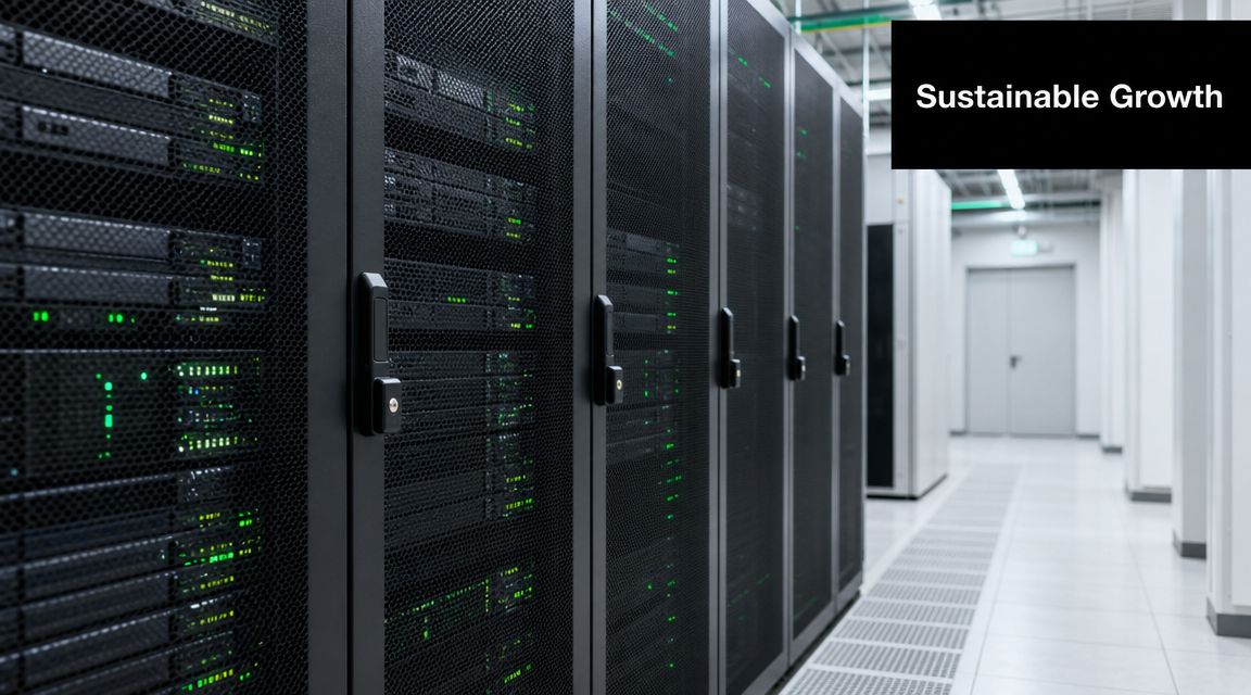 Rows of black server racks with glowing green indicator lights inside a modern, clean data center facility.