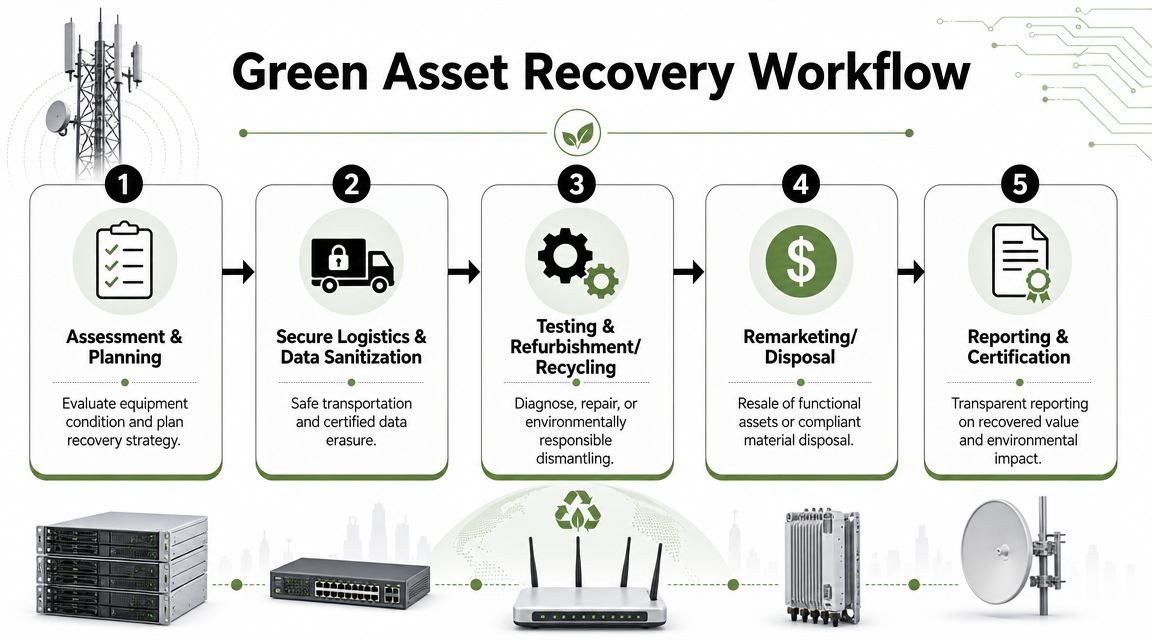 A five-step flowchart illustrating the professional green telecom asset recovery workflow and sustainable equipment management process.