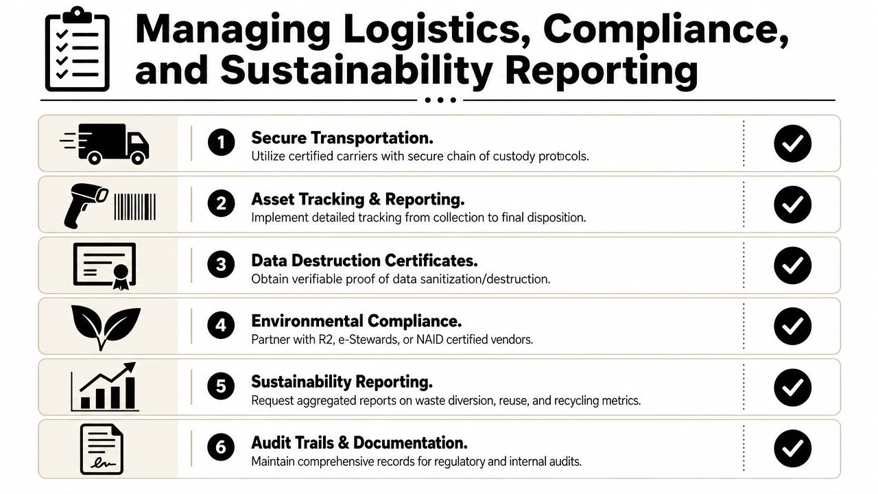 A six-step infographic detailing logistics, compliance, and sustainability reporting for IT asset disposition services.