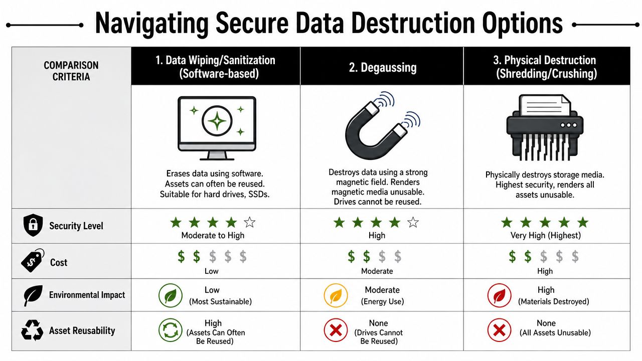 A comparison chart outlining data destruction methods including wiping, degaussing, and physical shredding for secure IT asset disposal.