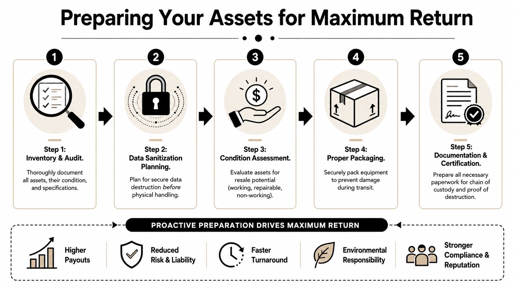 A five-step flowchart illustrating how businesses can prepare IT assets for maximum return and value recovery.
