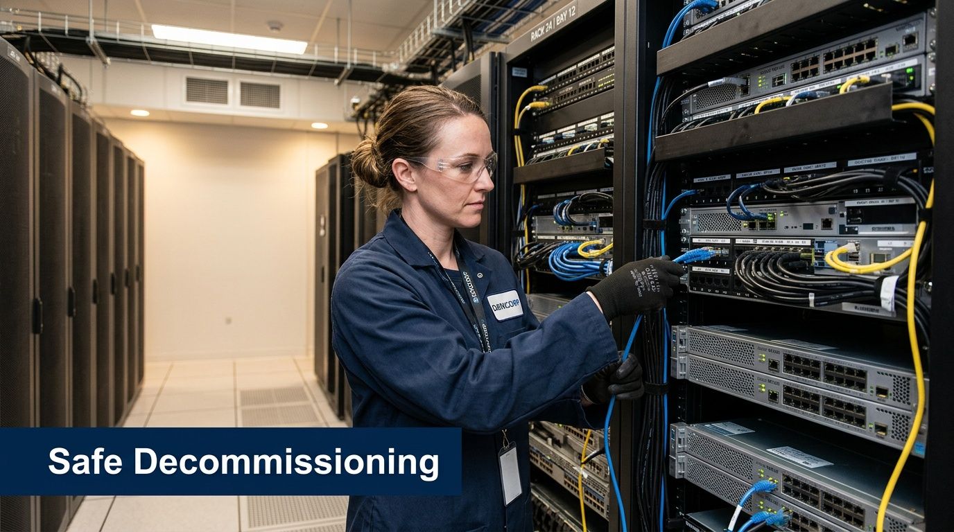 A data center technician wearing protective eyewear and gloves safely disconnecting equipment in a server rack.