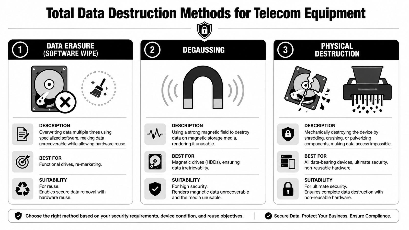An infographic detailing three methods for secure telecom equipment data destruction: software wipe, degaussing, and physical destruction.