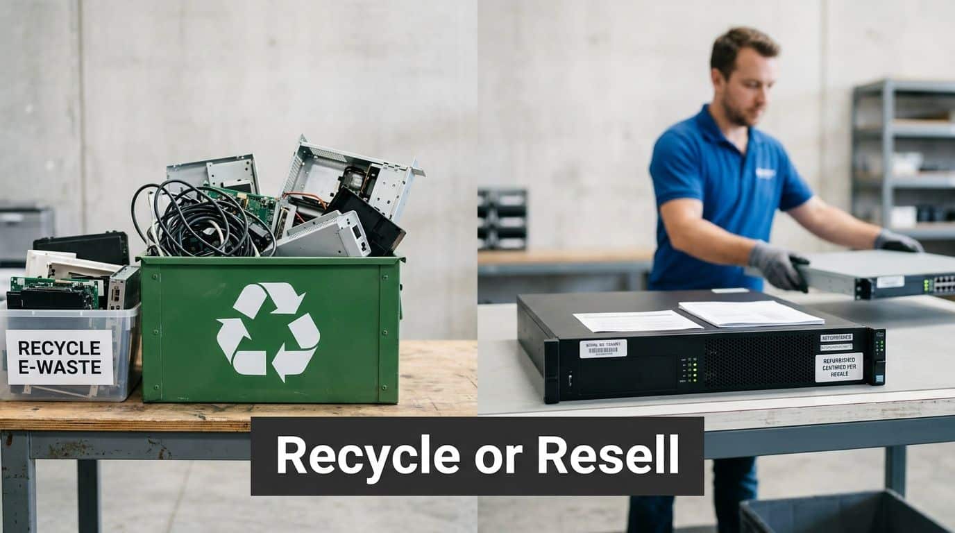 A split image showing recycled electronic waste on the left and a worker refurbishing telecom equipment for resale.