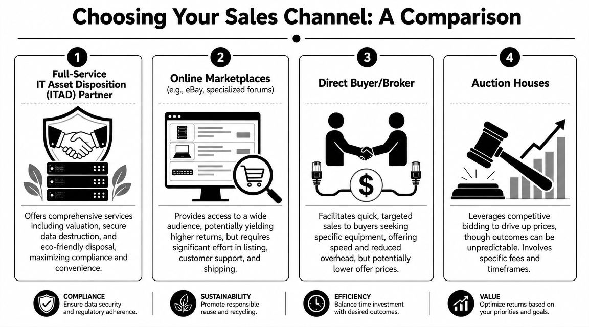A comparison chart outlining four sales channels for selling surplus IT and telecom hardware equipment.